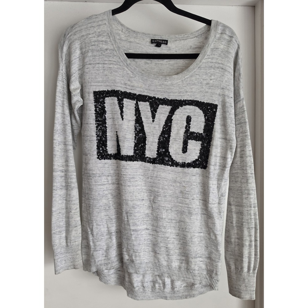 Express Women's NYC Sequin Cotton Pullover Sweater S Grey Black Long Sleeve Top